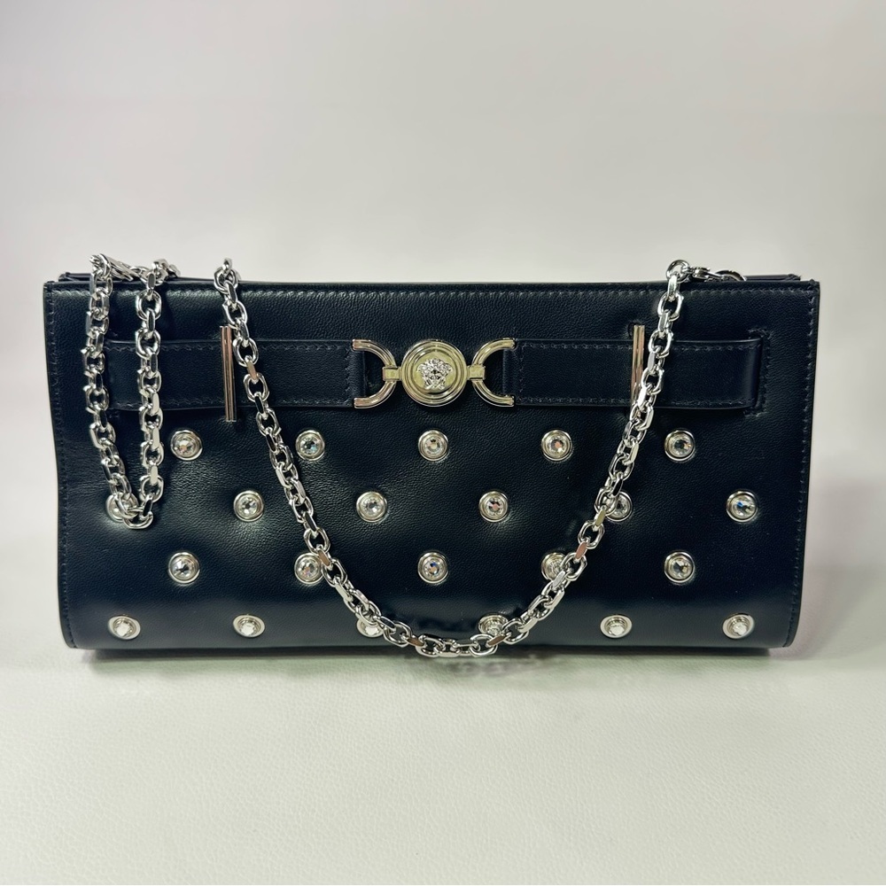 NEW! Versace Crystal Medusa 95 Studded Clutch Black Lamb Leather - Picture 9 of 12